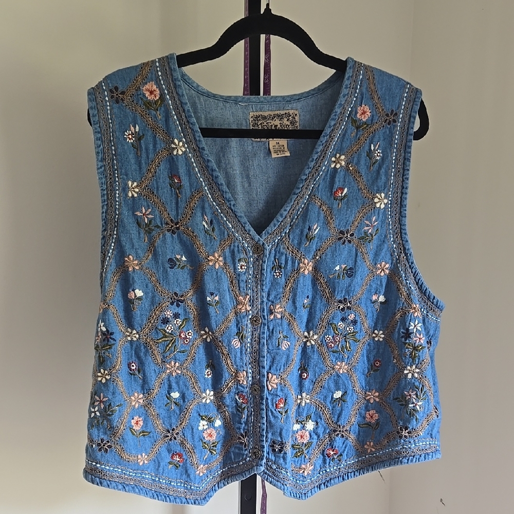 Y2K?! Tantrum Blues Embroidered Denim Floral Vest Size:XL